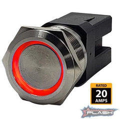 PLASHLIGHTS Marine Push Button Switch - Red LED - 20a - Stainless Steel - Momentary | PL22SS-M-RD
