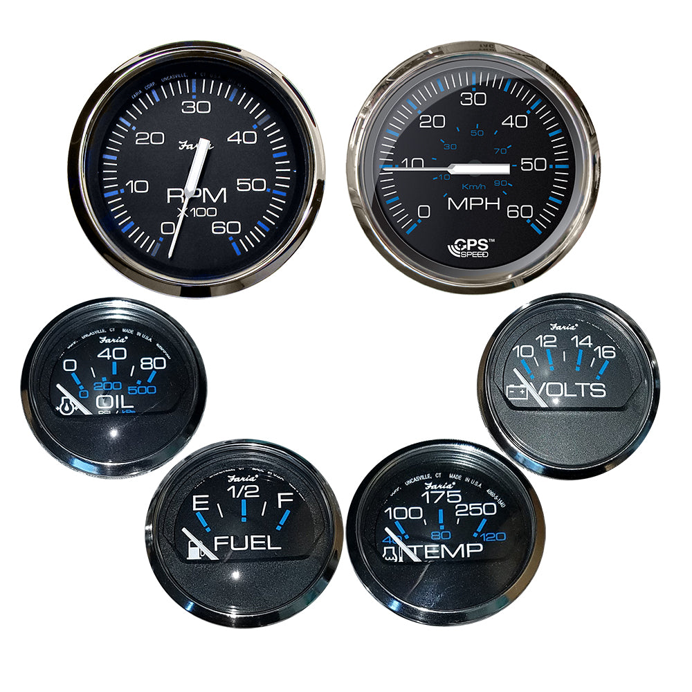 Faria Chesapeake Black w/Stainless Steel Bezel Boxed Set of 6 - Speed, Tach, Fuel Level, Voltmeter, Water Temperature  Oil PSI - Inboard Motors  [KTF064]