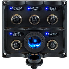 Sea-Dog Water Resistant Toggle Switch Panel w/LED Power Socket - 5 Toggle [424627-1]