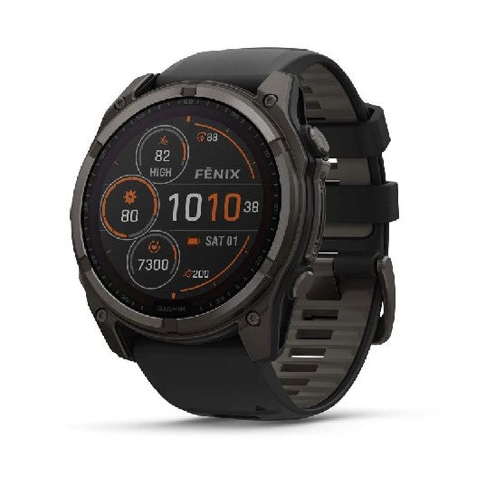 GARMIN fenix 8 - 51 mm, Solar Sapphire, Carbon Gray DLC Titanium with Black/Pebble Gray Silicone Band | 010-02907-10