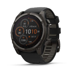 GARMIN fenix 8 - 51 mm, Solar Sapphire, Carbon Gray DLC Titanium with Black/Pebble Gray Silicone Band | 010-02907-10