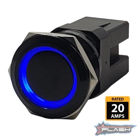 PLASHLIGHTS Marine Push Button Switch - Blue LED - 20a - Black Anodized- On/Off - Latching | PL22BLK-L-BL
